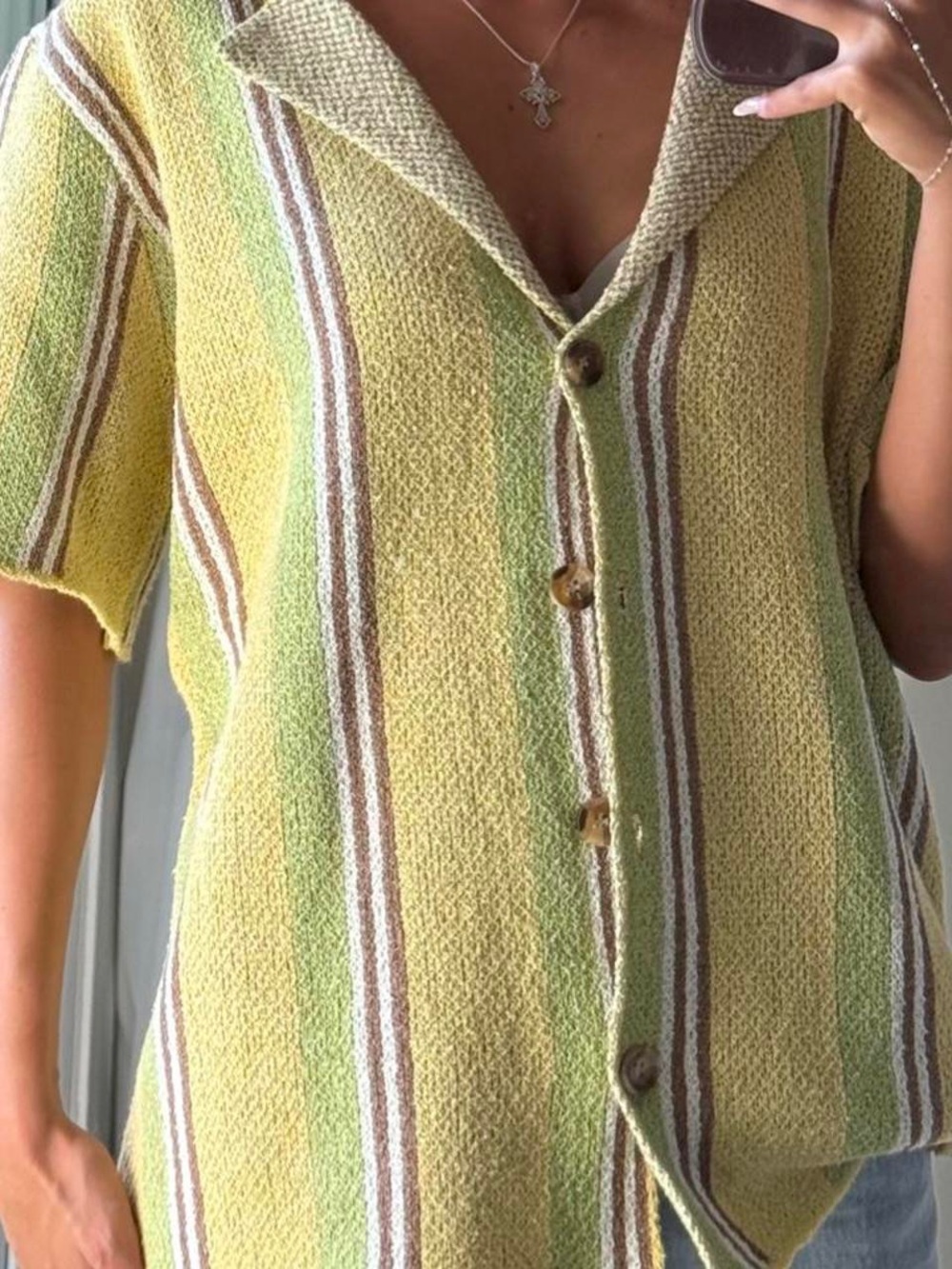 Vrg Grl Yellow & Green Striped Button-Front Knit Shirt